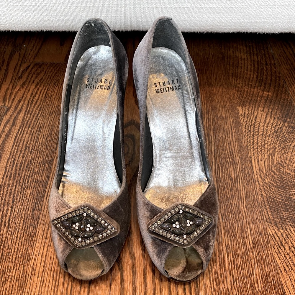 Stuart Weitzman Velvet Peep-Toe Shoes with Encrusted Embellishment